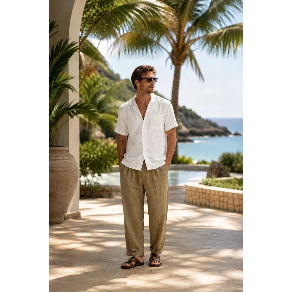 Brooks Brothers 346 100% Linen Pants Khaki Tan Cuffed Pleated Chino 36/31